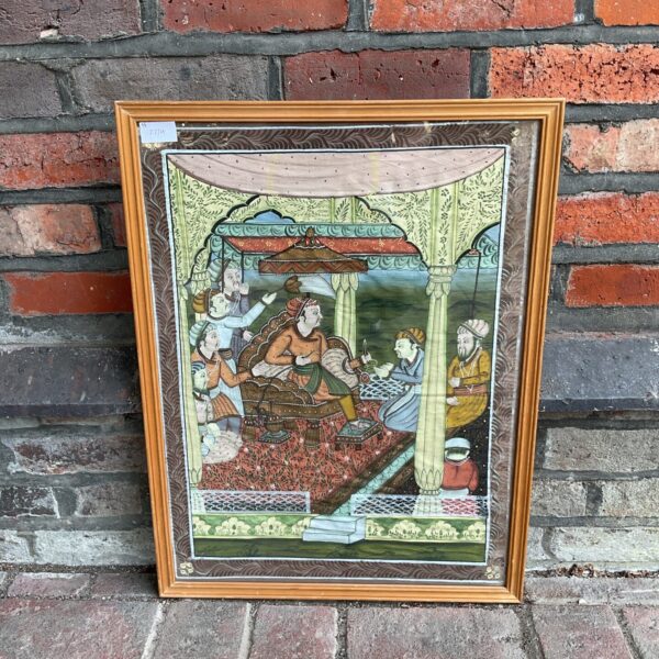 Antique Persian watercolour painting depicting a royal meeting.