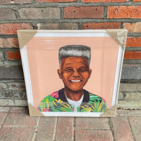 Framed Amit Shimoni print of Nelson Mandela in a colourful hipster style.