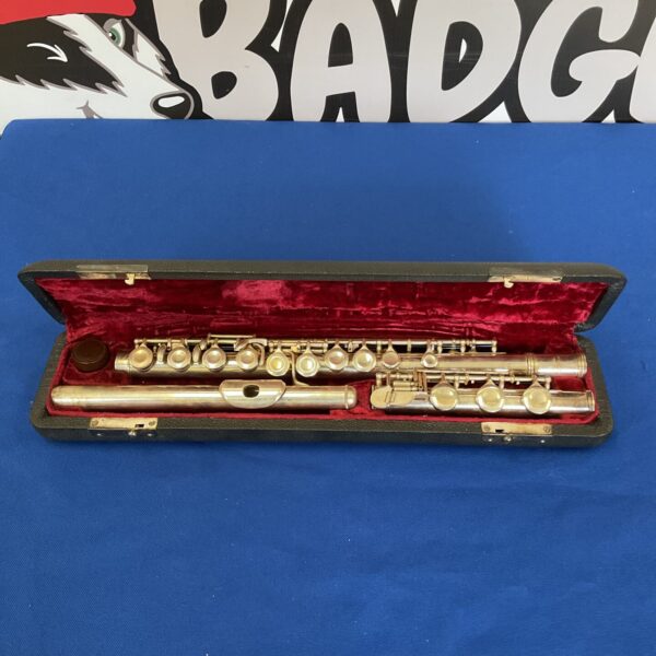 Vintage Skylark 46 flute in open case, silver-coloured body.