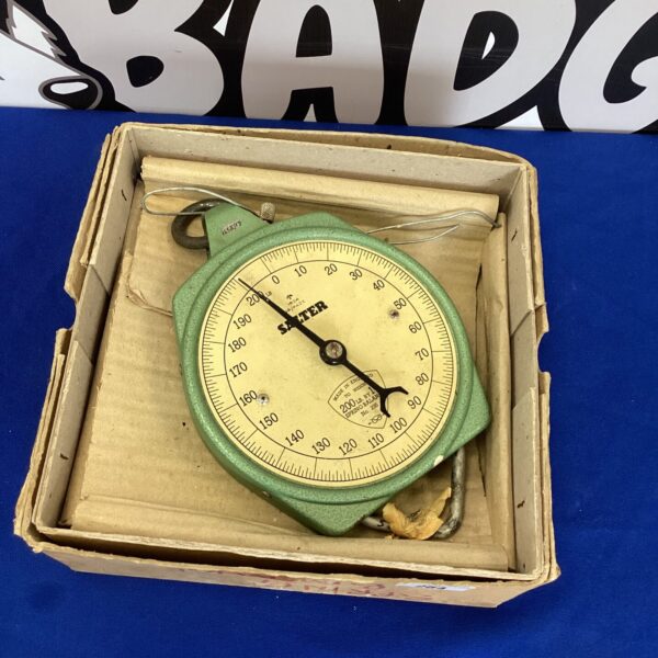 Vintage Salter spring balance scale in original box.