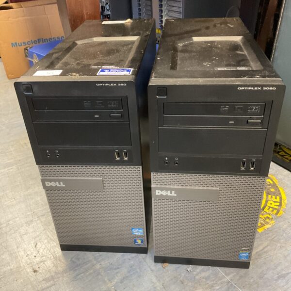 Two Dell Optiplex computers, models 390 and 3020, for parts or repair.