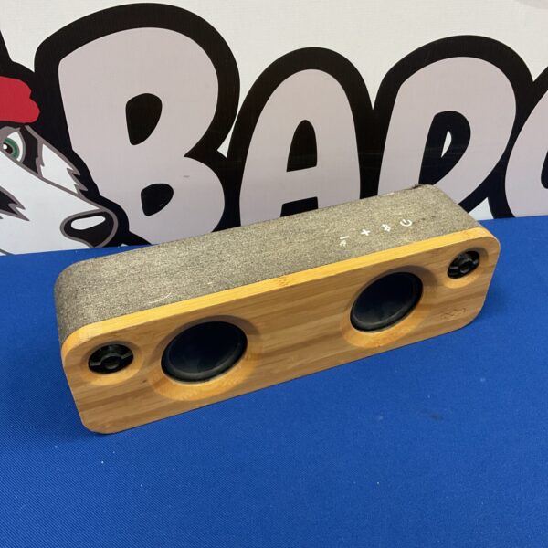 Wood grain Marley Get Together Bluetooth speaker for portable audio.