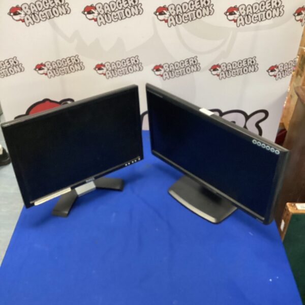 Pair of Dell and Iiyama computer monitors for desktop use.