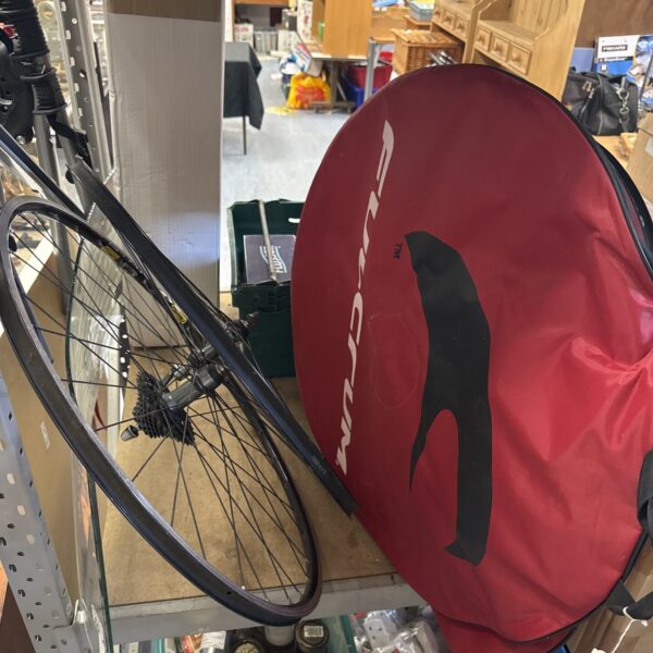 Side view of Fulcrum Mavic bicycle wheelset with spokes visible.