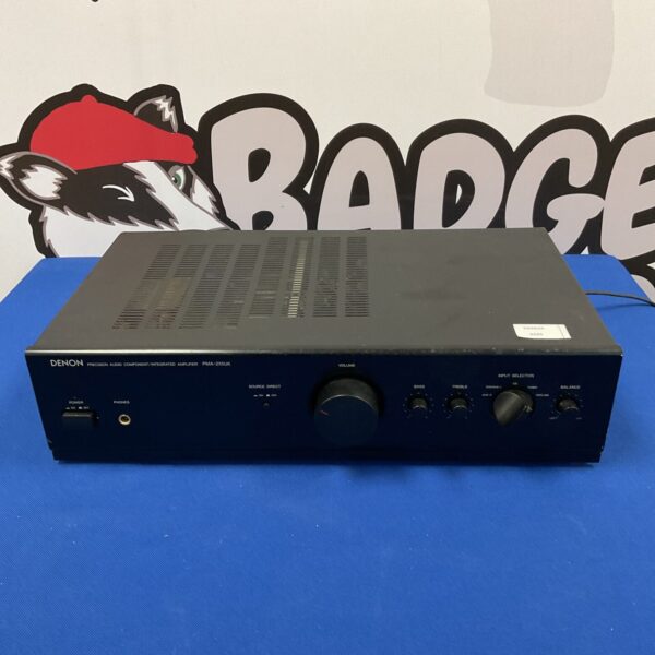 Front view of a black Denon PMA-255UK vintage stereo amplifier.