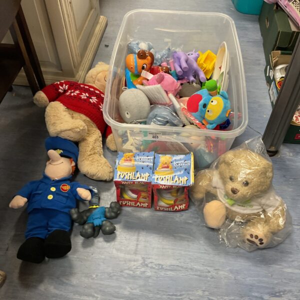 Mixed toy lot with My Little Pony and teddy bears.
