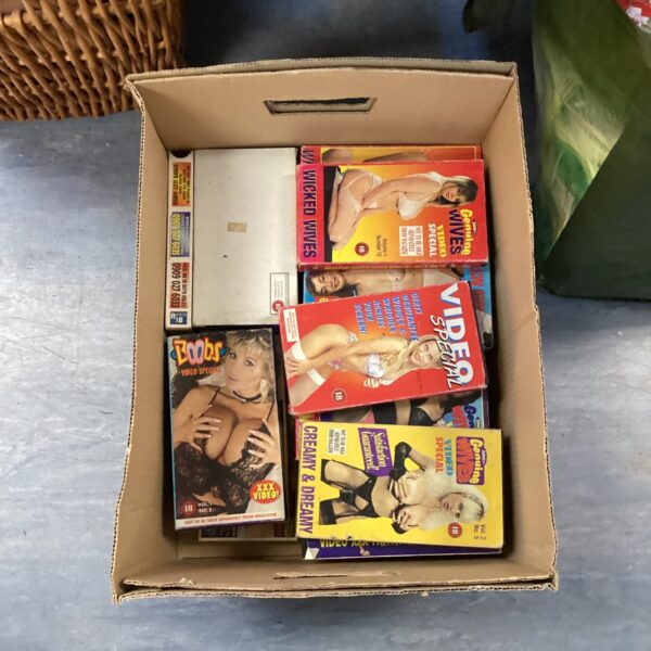 Collection of retro adult VHS tapes in a cardboard box.