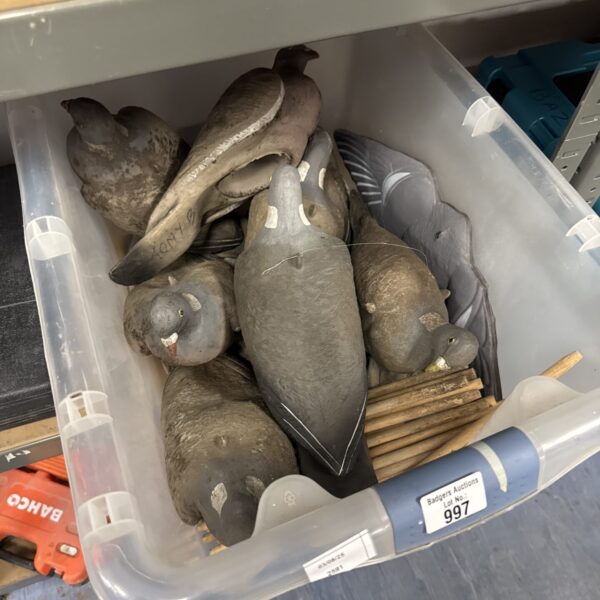 A box of vintage decoy pigeons for hunting or collecting.