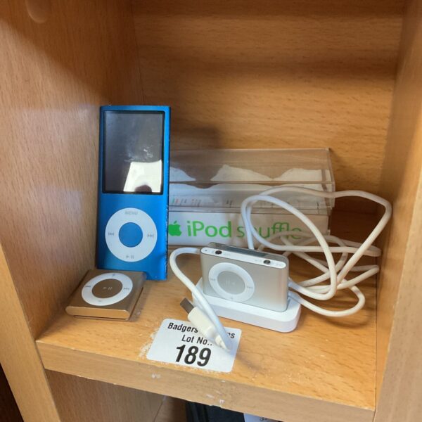 Apple iPods including Nano and Shuffle MP3 players.