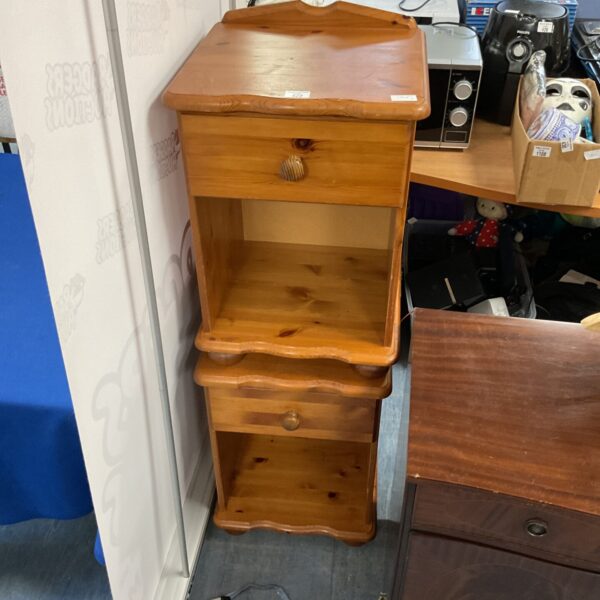 Wooden pine bedside cabinet with a single drawer and open shelf.