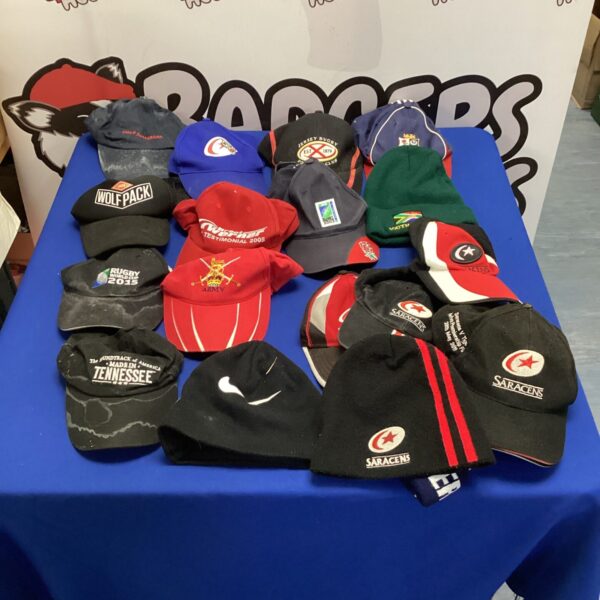 Lot of assorted sports caps and beanies including Nike and Saracens.