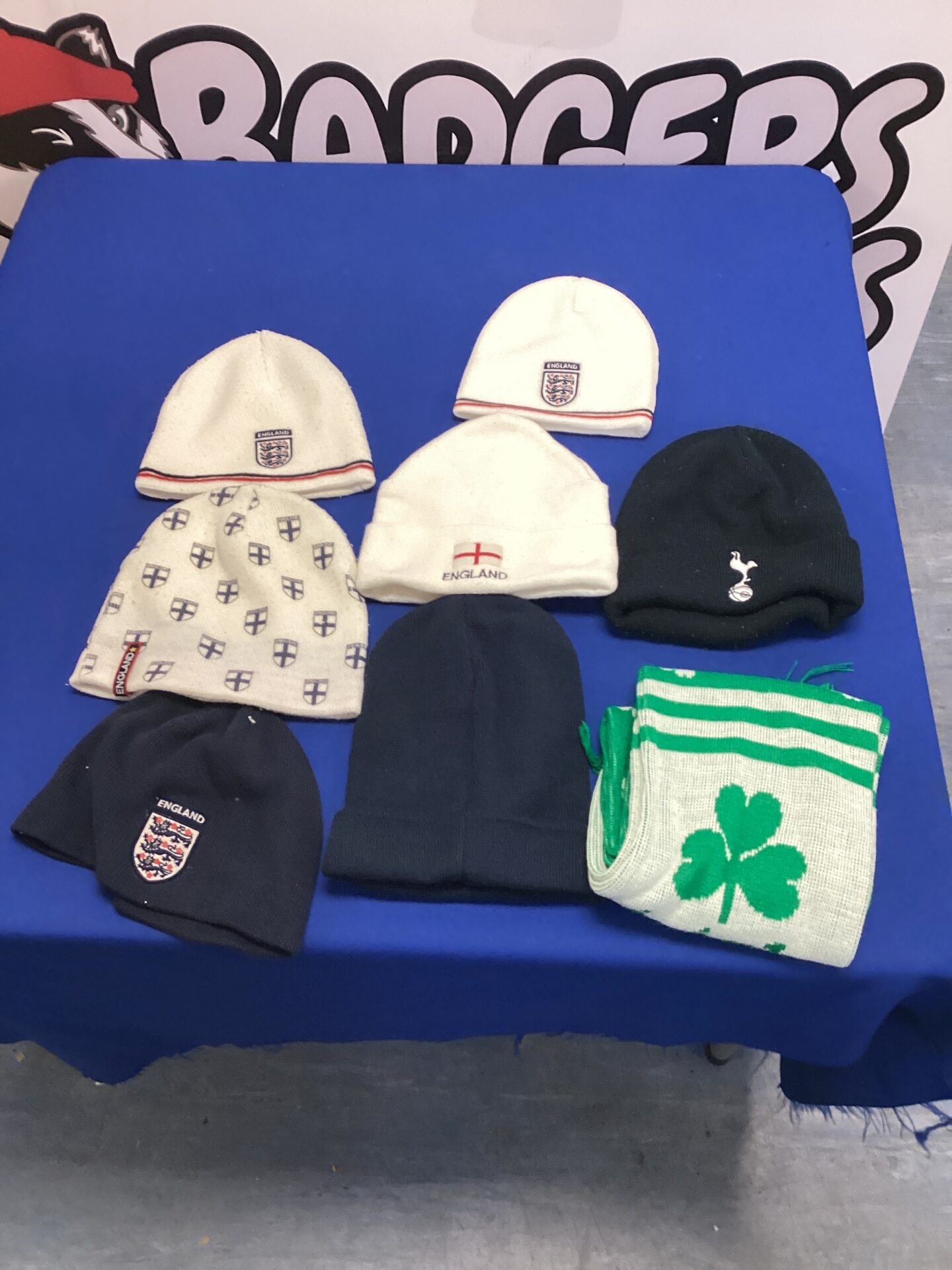 514 Quantity of england beanies with Tottenham Hotspur beanie & Irish themed scarf