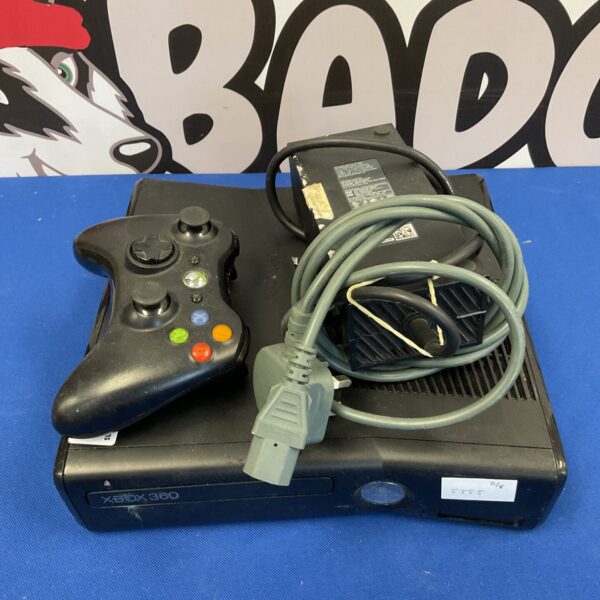 Black Xbox 360 E console with a controller, retro gaming system.