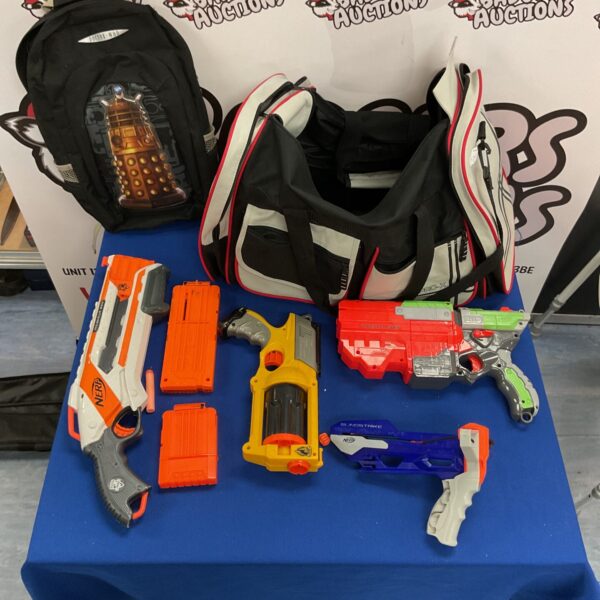 Nerf gun bundle with Doctor Who rucksack, toy collection.
