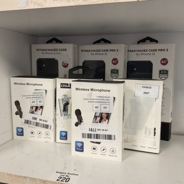 Wireless microphone sets and iPhone 12 Pro 2 cases in a lot.