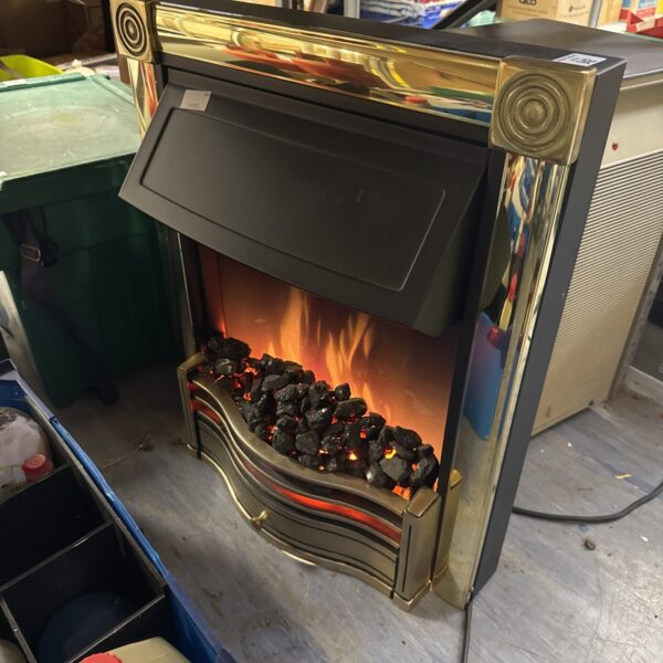 Front view of a Dimplex electric fireplace with a realistic flame effect.
