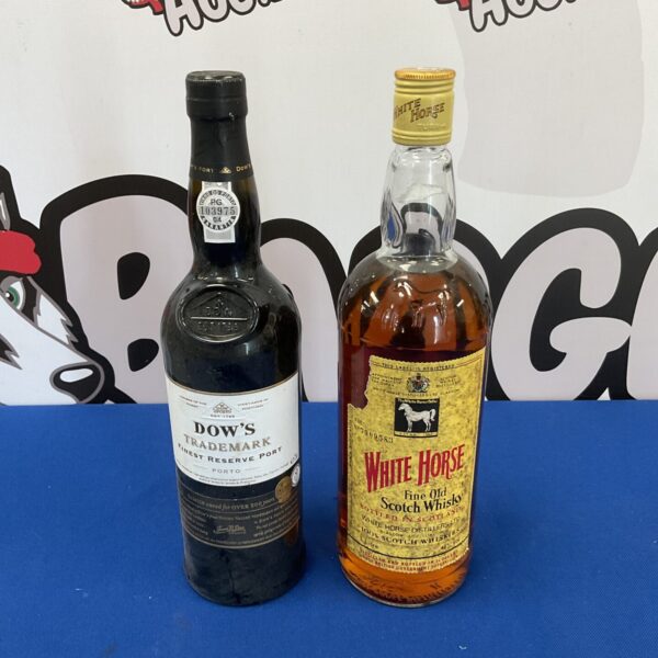 Sealed bottles of Dows Port and White Horse Whisky, vintage collectible alcohol.