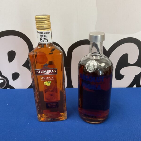 Sealed bottles of Stumbras Quince and Absolute vodka for collectors.
