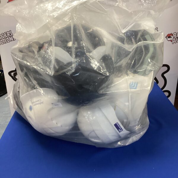 Industrial crash helmet showing signs of wear and use.