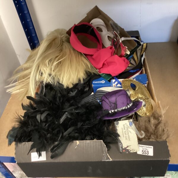 Mixed lot of masquerade masks and wigs for costume parties.