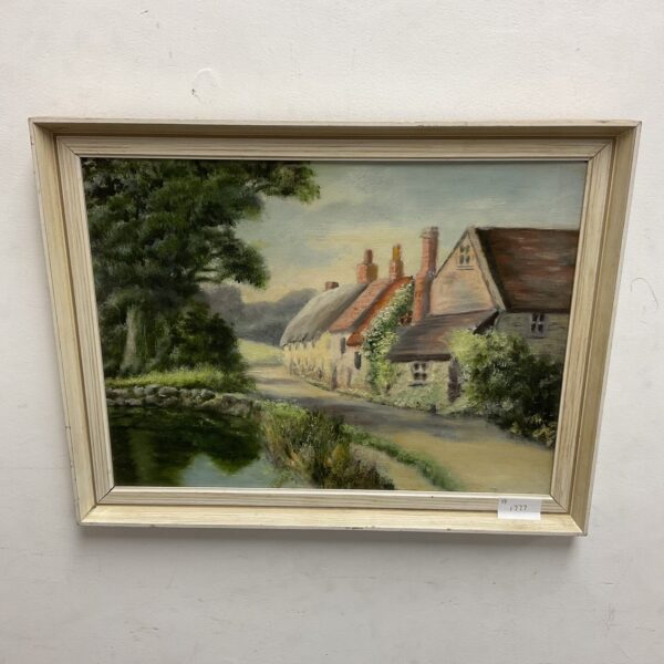 Vintage cottage oil painting with a peaceful village landscape.