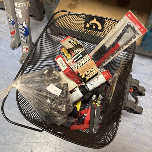 Assorted bicycle parts lot with Fox Float suspension fork.