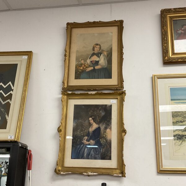 Antique Victorian lady prints, a pair of collectible portraits.
