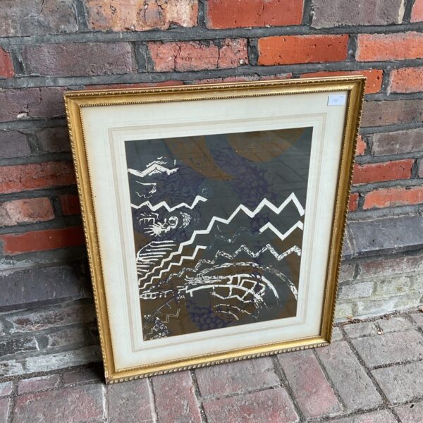 Bold modernist screen print of an abstract mountain landscape.