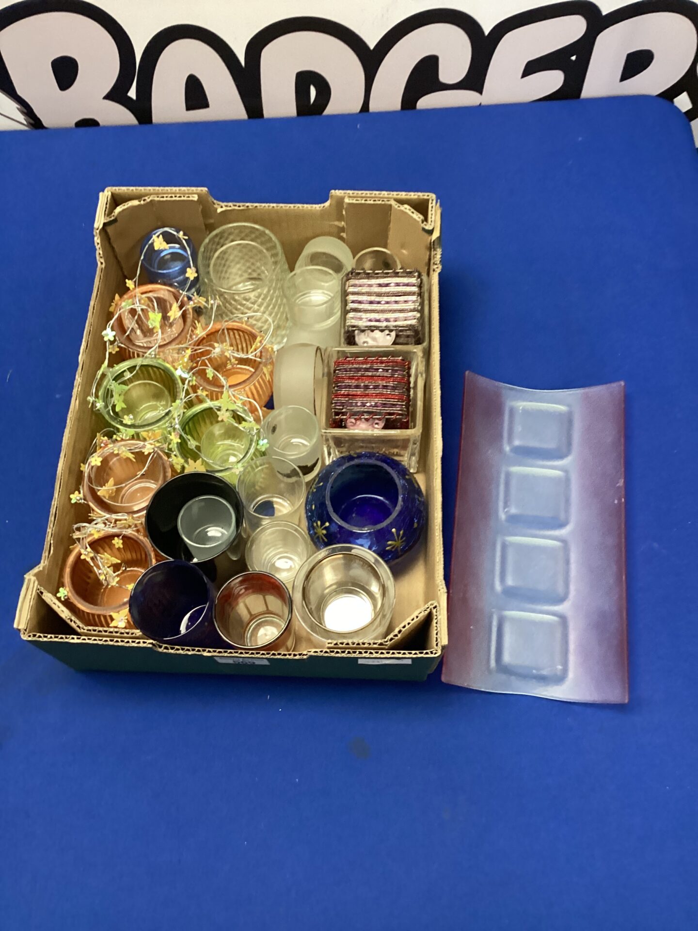 589 Box of mixed glass candle holders