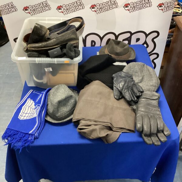 Mixed clothing lot with hats, shoes, and scarves in a box.