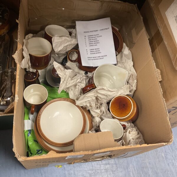 Boxed Poole Pottery Chestnut dinner set with inventory list.