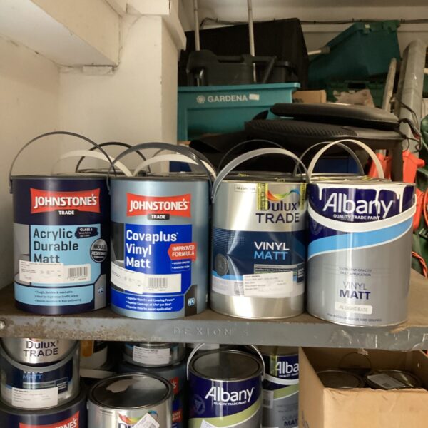 Mixed lot of trade paint including Dulux and Johnstone's containers.