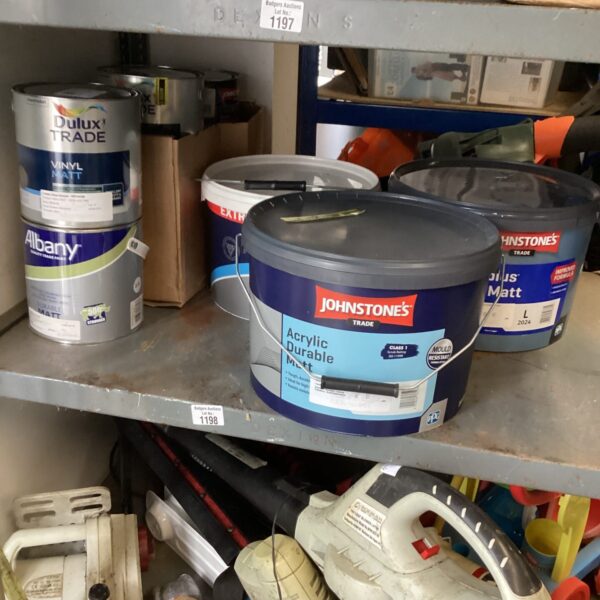 Mixed lot of trade paint including Johnsons emulsion for DIY projects.