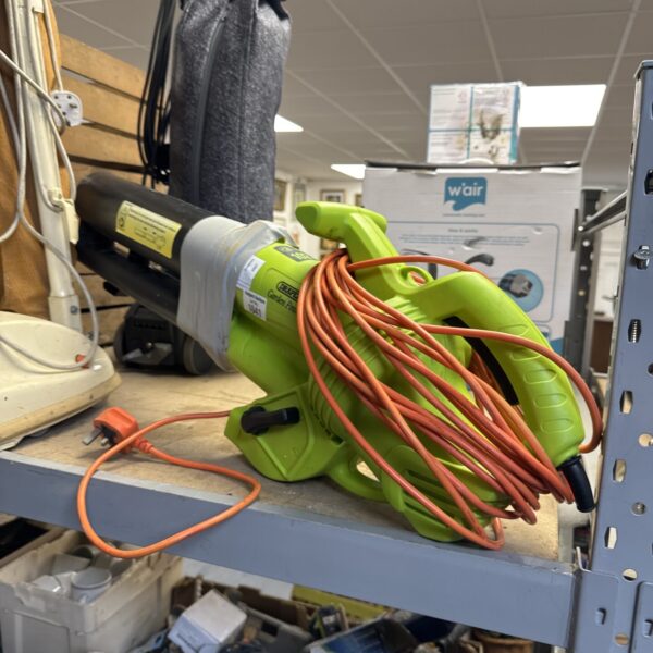 Green Draper leaf blower with black motor housing and orange cable.