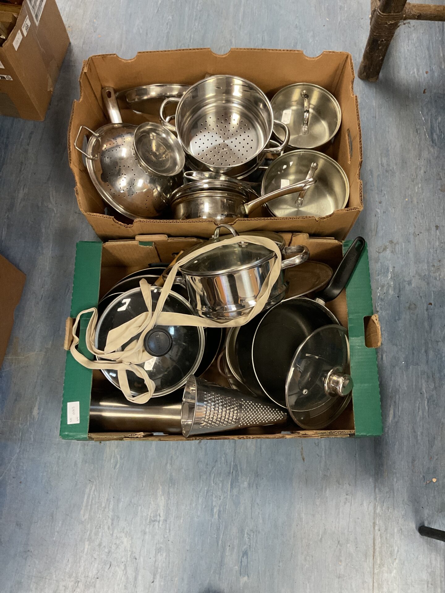 596 Two boxes of mixed kitchenware and crockery