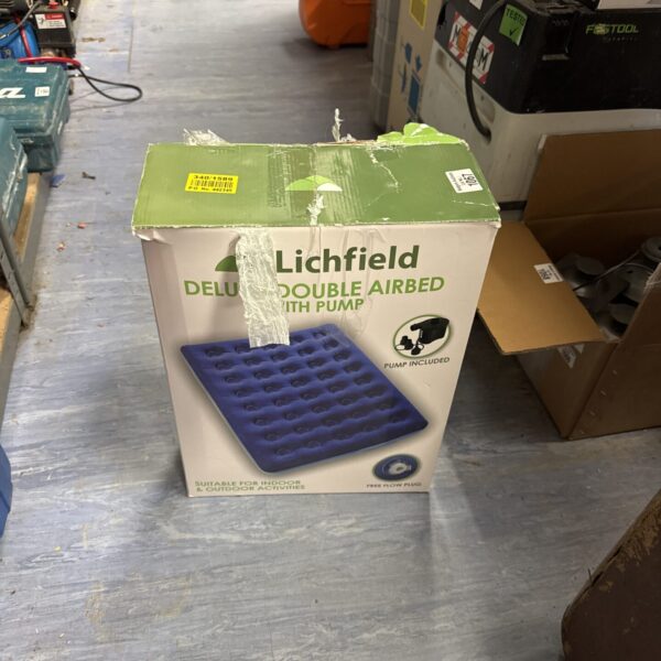 Lichfield deluxe double airbed packaging with branding visible.