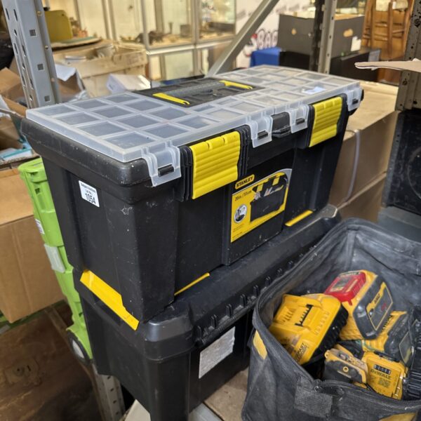 Two used Stanley toolboxes for tool storage and organisation.