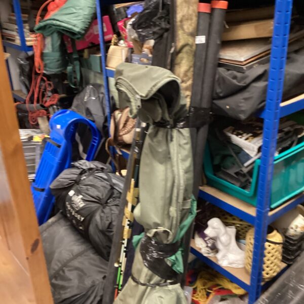Mixed lot of fishing tackle including waders and a suit.