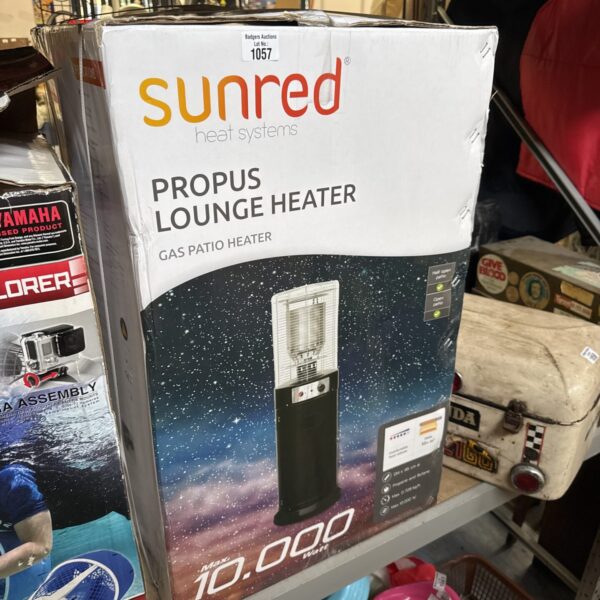 New Sunred gas patio heater in original packaging.
