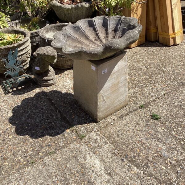 Weathered stone birdbath with fluted bowl in a garden setting.