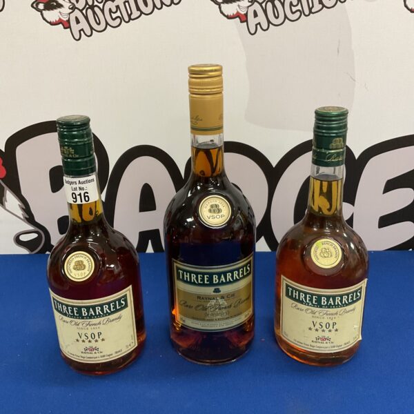 Sealed bottles of Three Barrels VSOP French Brandy for collectors.