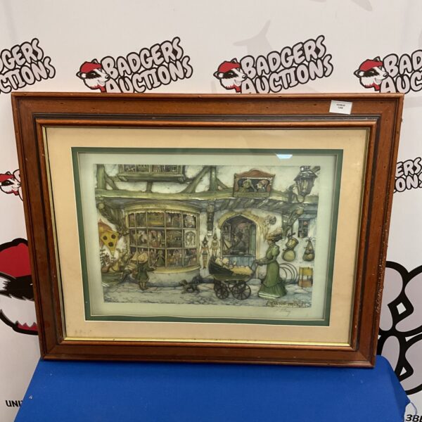 Framed Anton Pieck artwork of a vintage toy shop.