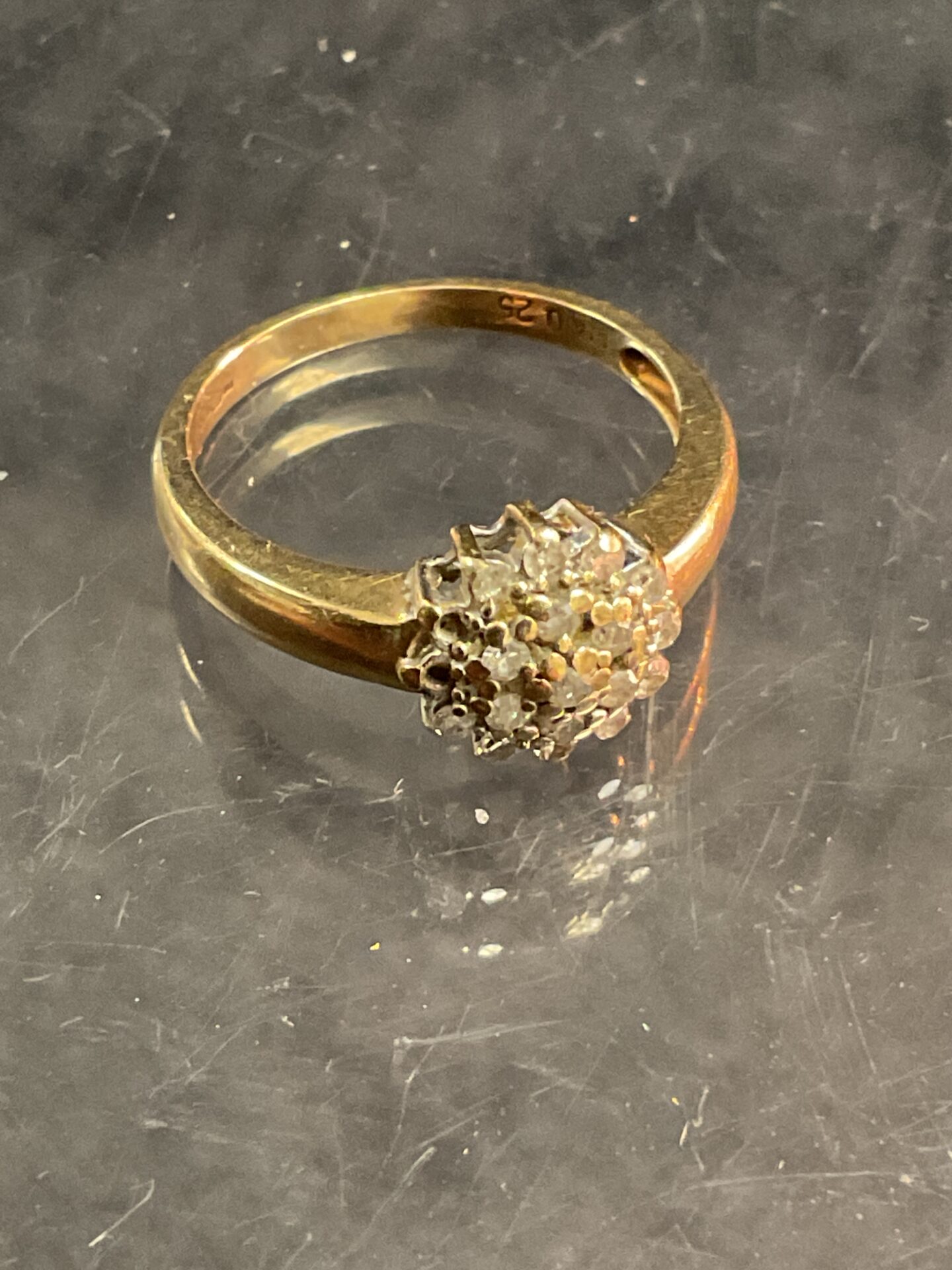848 Hallmarked 9 ct gold diamond cluster ring 2.34g gross size l missing two stones
