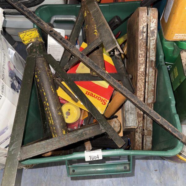 Garage clearance lot with axle stands and assorted tools.