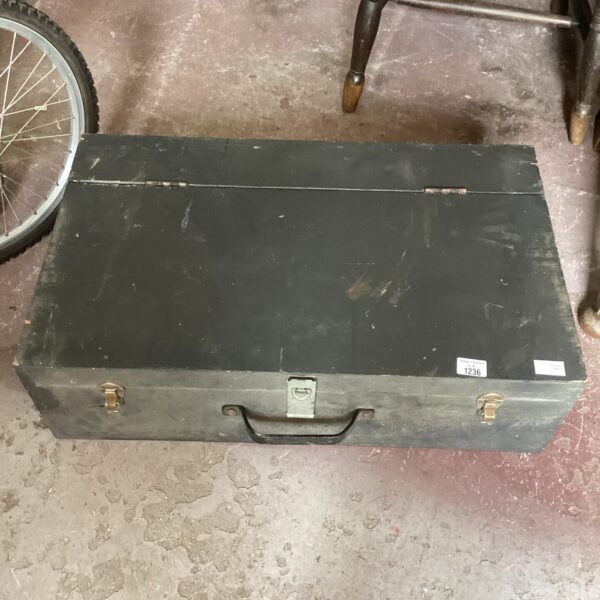 Vintage wooden tool chest with carrying handle, antique tool storage.