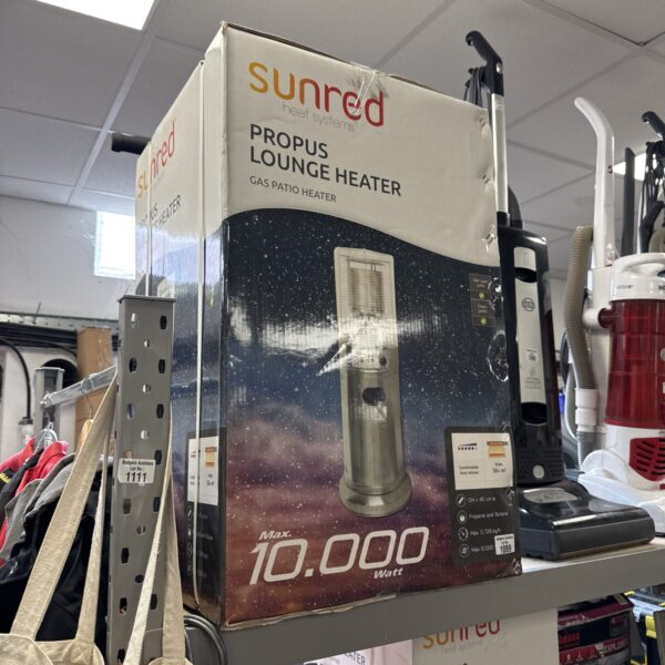 New Sunred gas patio heater in original packaging.
