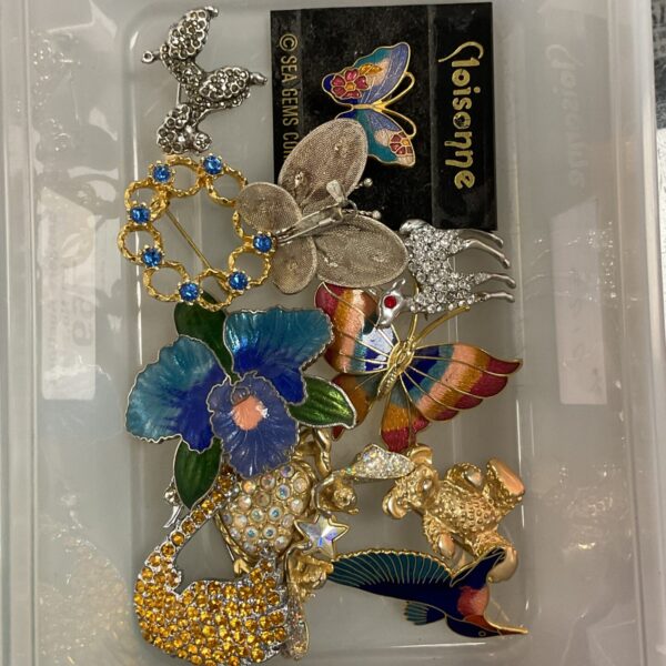 Assortment of vintage brooches with enamel detailing and floral designs.