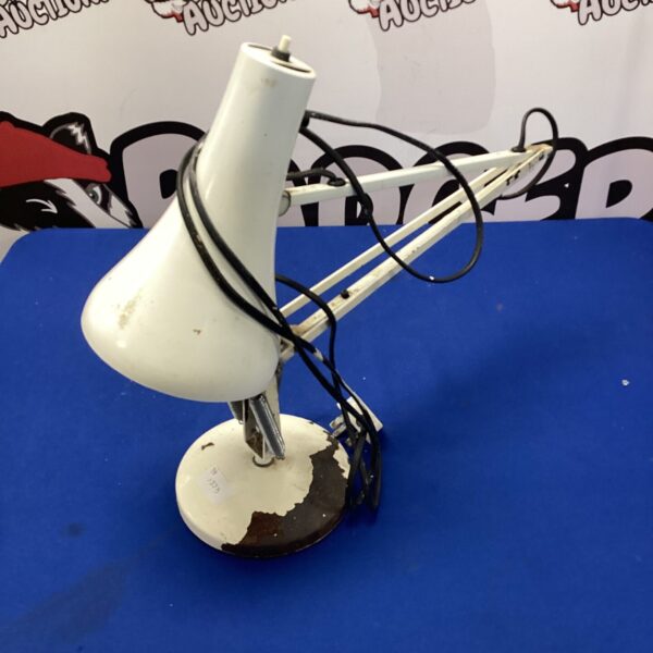 Vintage Anglepoise table lamp with adjustable arm and white shade.