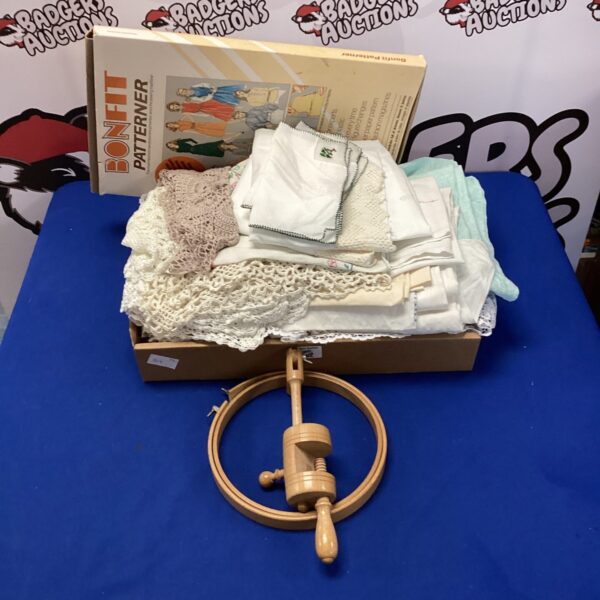 Vintage linen and embroidery frame lot for collectors.