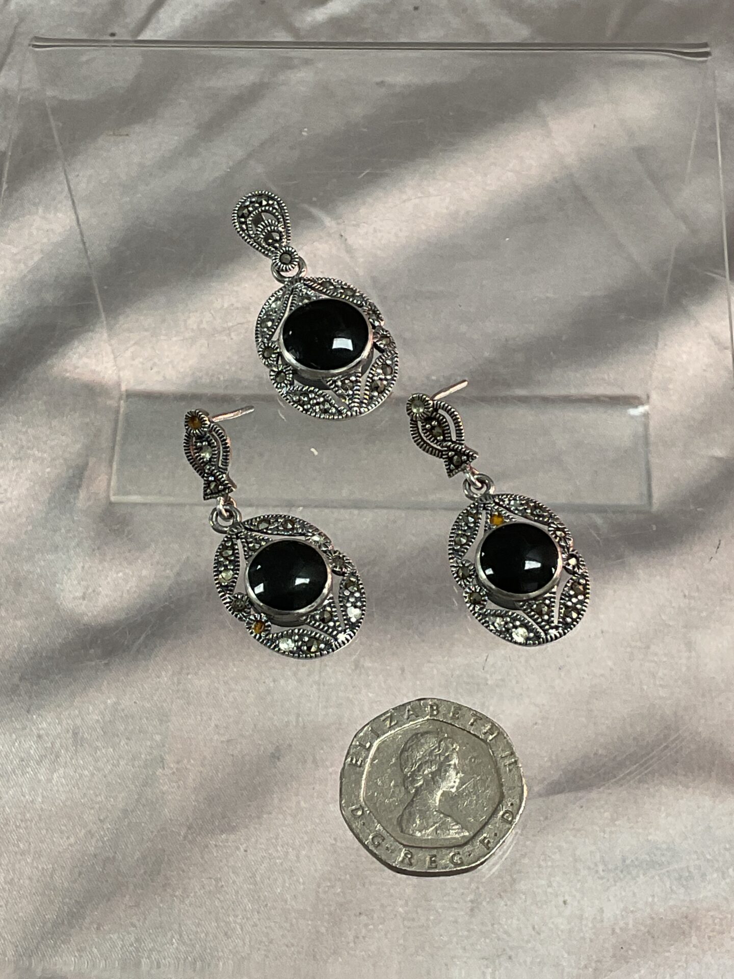 754 Pair of 925 silver Marcasite earrings and matching pendant